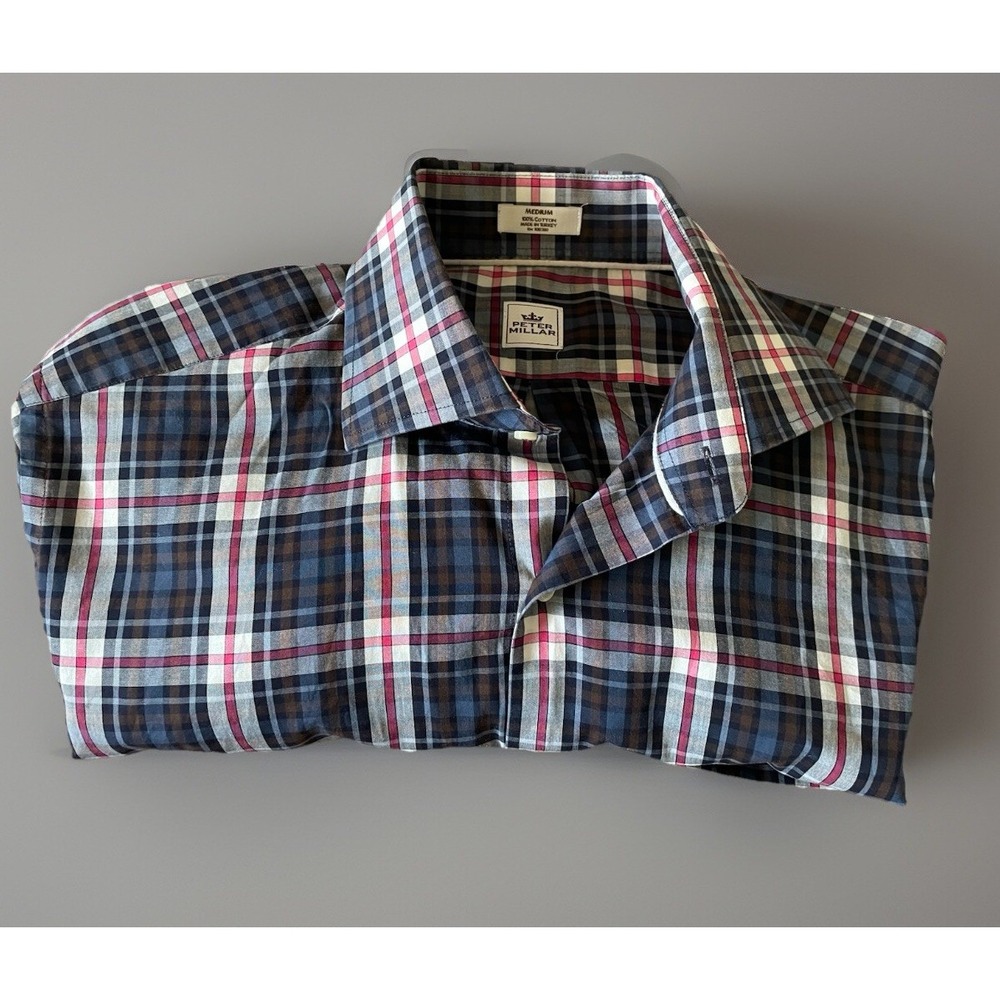 Peter Millar Long Sleeve Button Down Shirt Blue Pink Plaid Pocket Medium JBHS - Picture 8 of 9